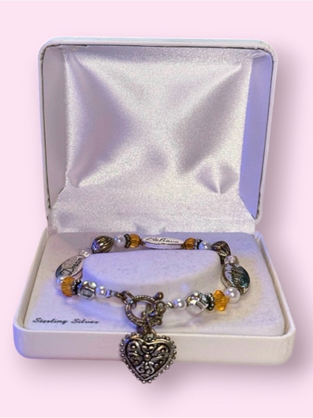 Vintage sliver & orange Crystal Heart bracelet.